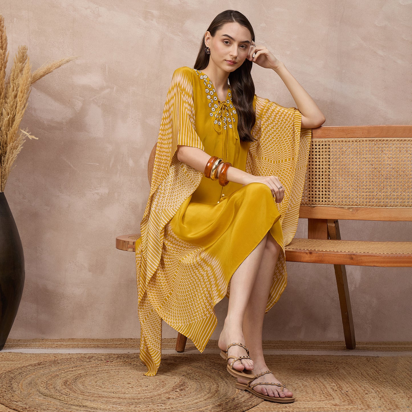 Yellow Abstract Print Kaftan for Women – Viscose Crepe – Close Up | First Resort by Ramola Bachchan