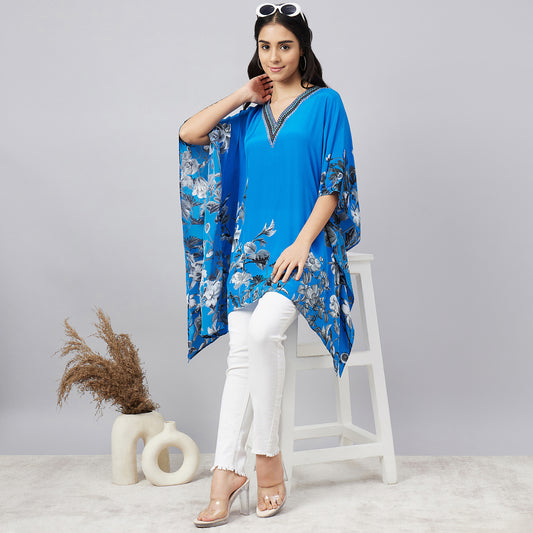 Azure Blue Embellished Floral Kaftan Top