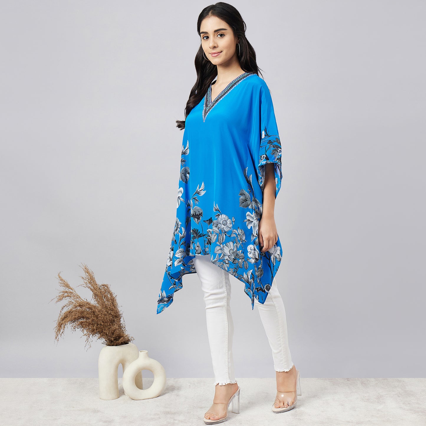 Azure Blue Embellished Floral Kaftan Top