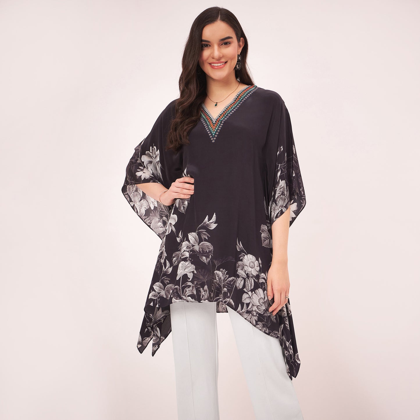 Black Embellished Floral Kaftan Top