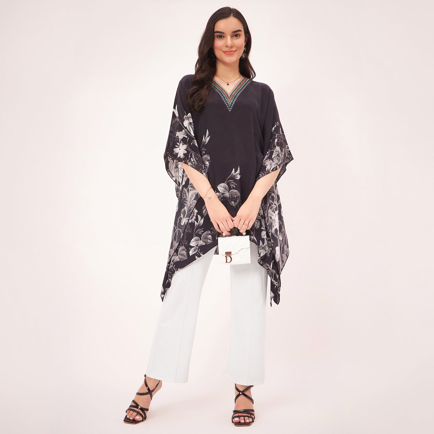 Black Embellished Floral Kaftan Top