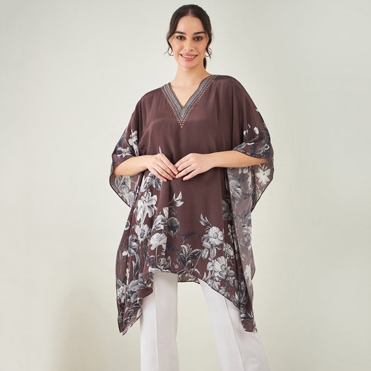 Brown Embellished Floral Kaftan Top