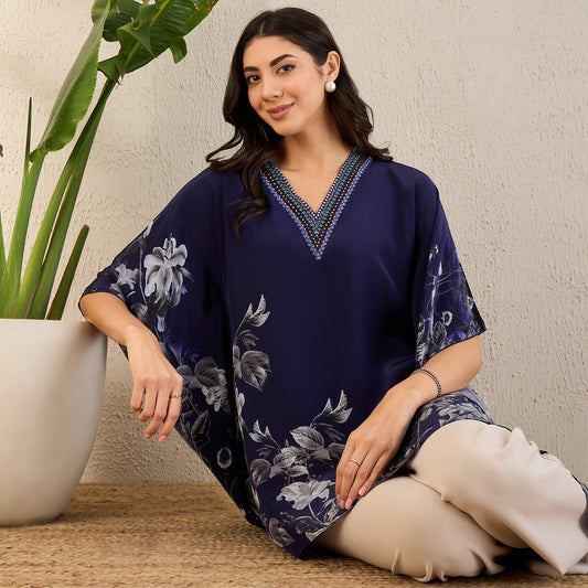 Dark Blue Embellished Floral Kaftan Top