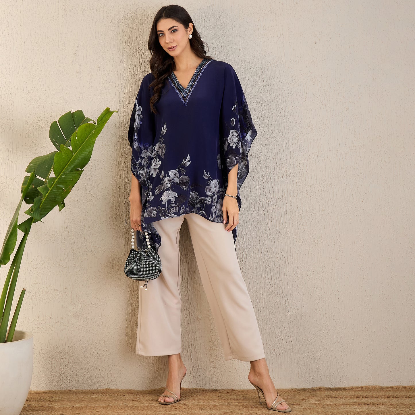 Dark Blue Embellished Floral Kaftan Top