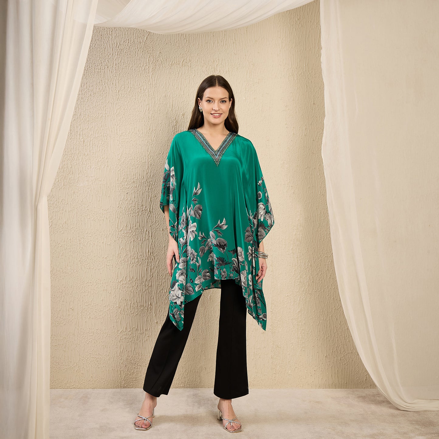 Emerald Embellished Floral Kaftan Top