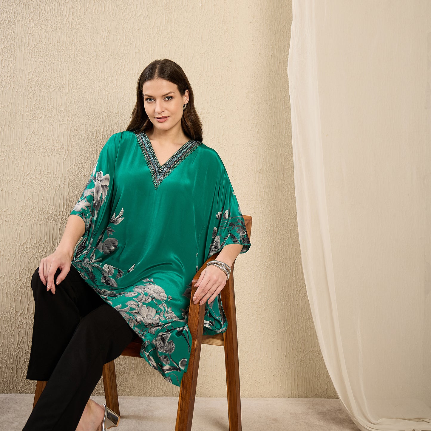Emerald Embellished Floral Kaftan Top