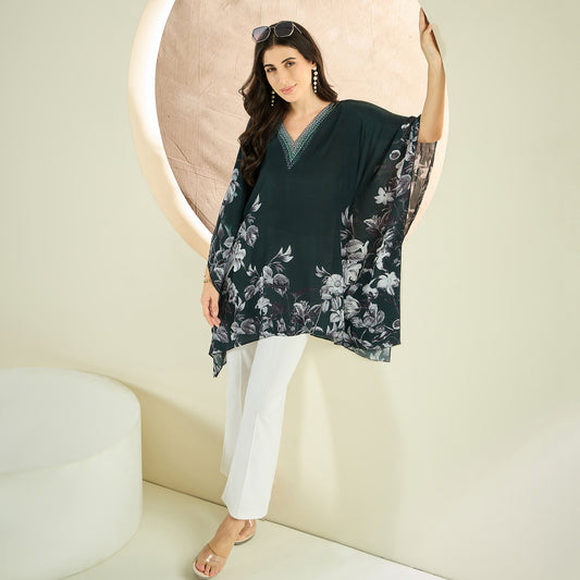 Green Embellished Floral Kaftan Top