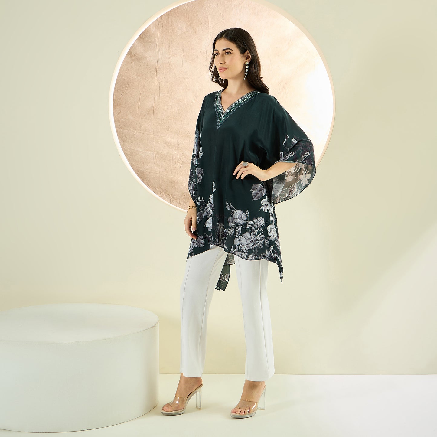 Green Embellished Floral Kaftan Top