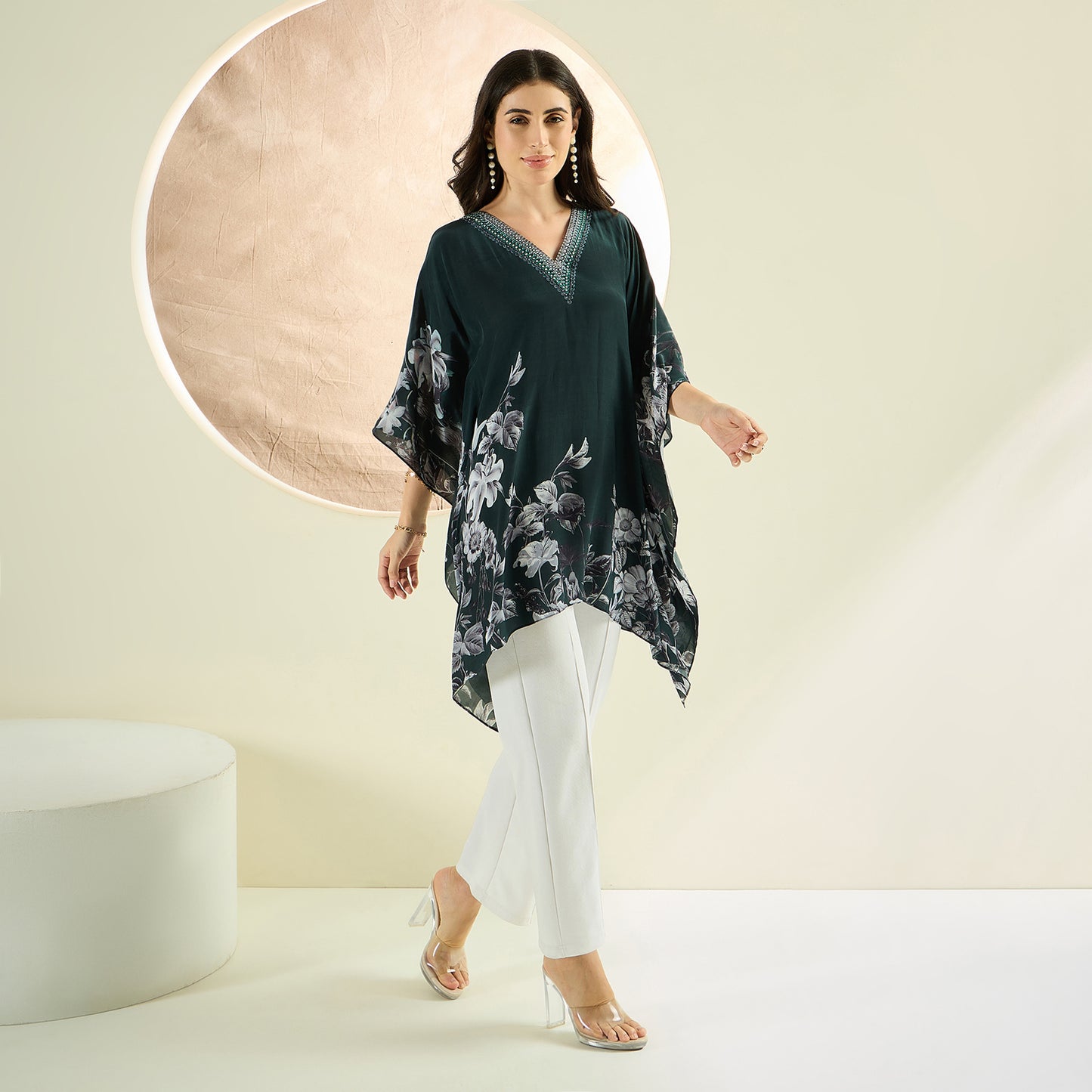 Green Embellished Floral Kaftan Top