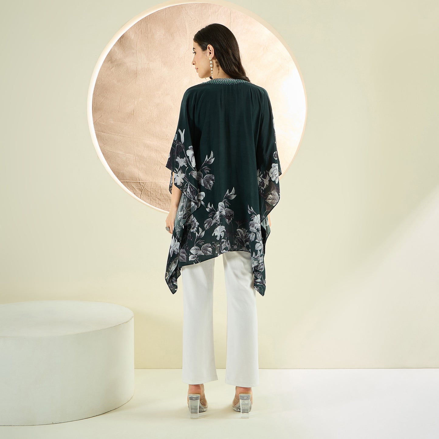 Green Embellished Floral Kaftan Top