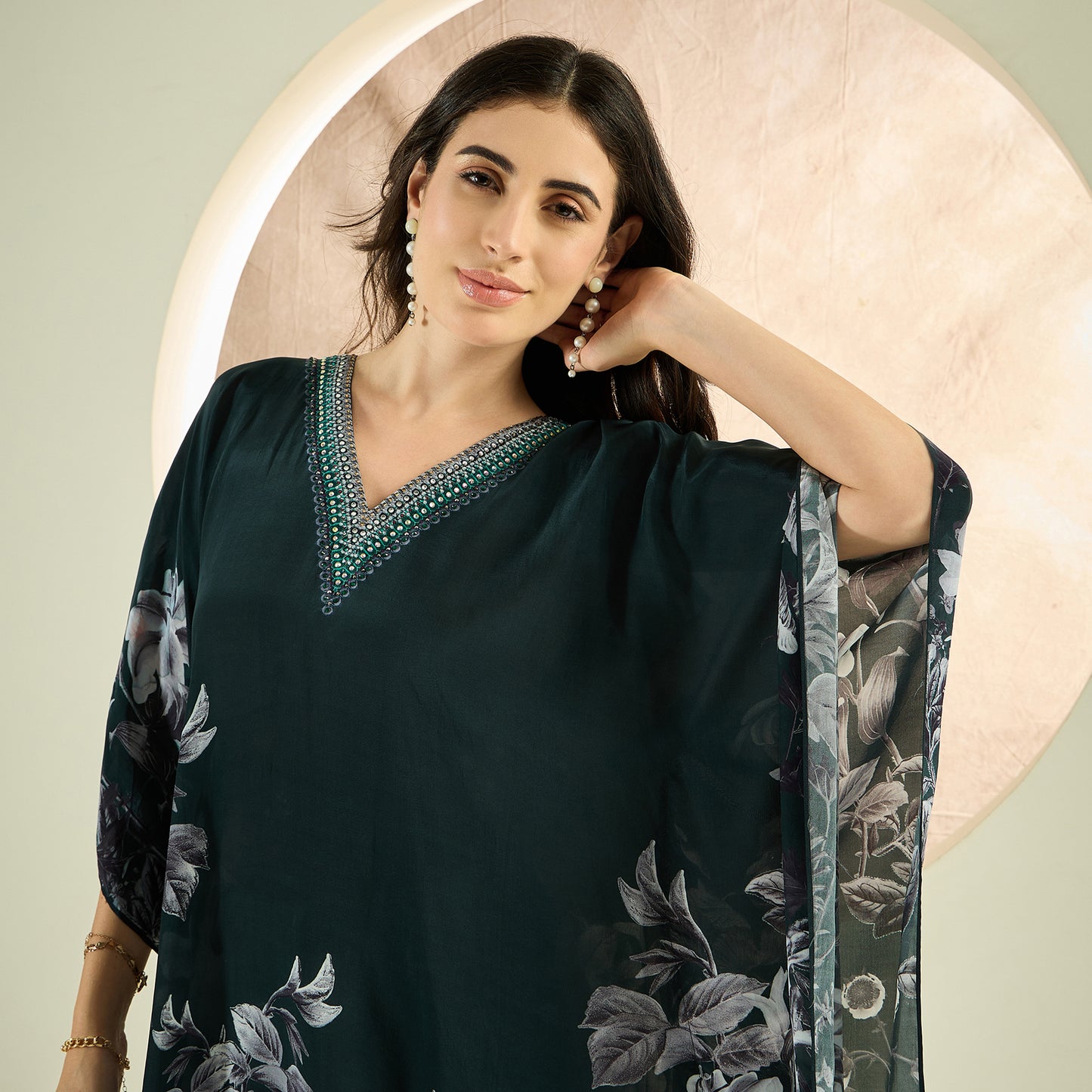 Green Embellished Floral Kaftan Top