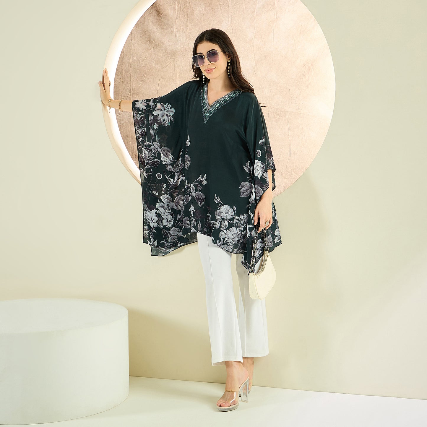 Green Embellished Floral Kaftan Top