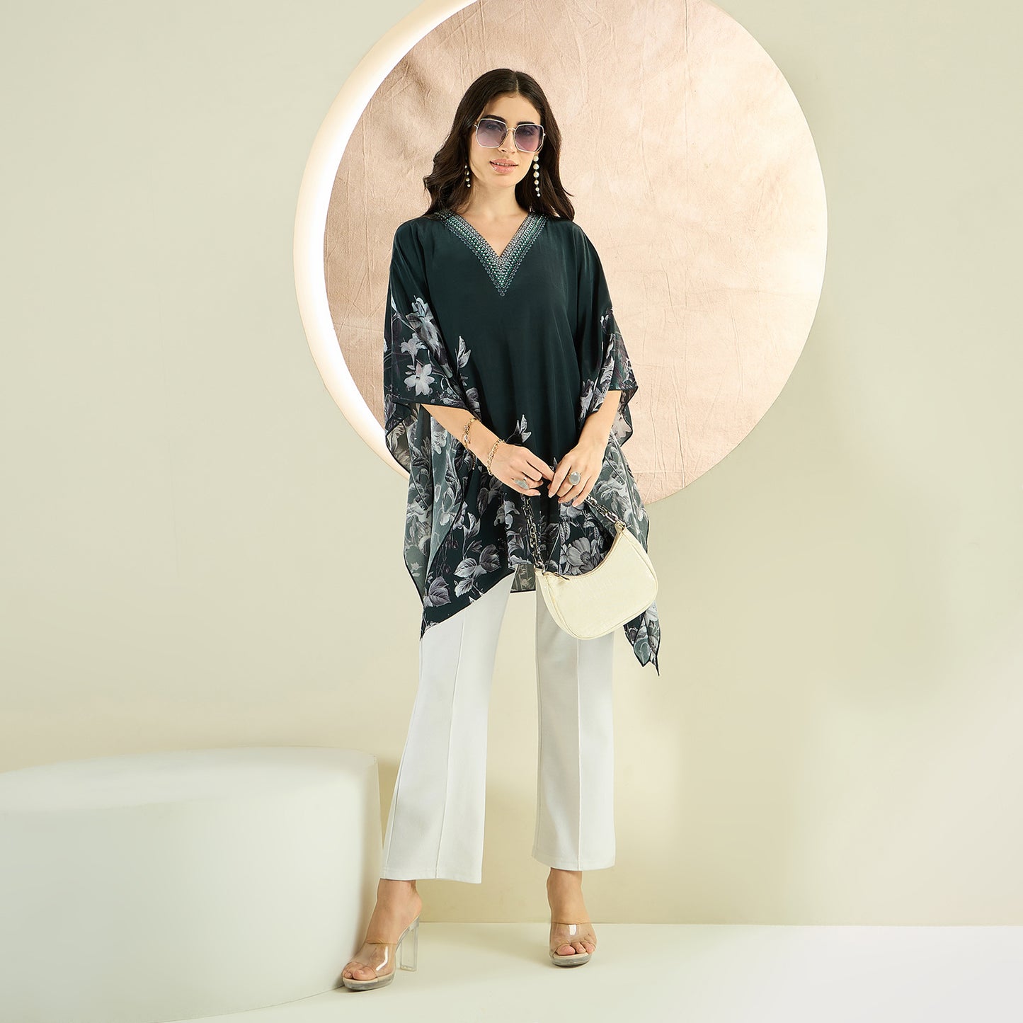 Green Embellished Floral Kaftan Top