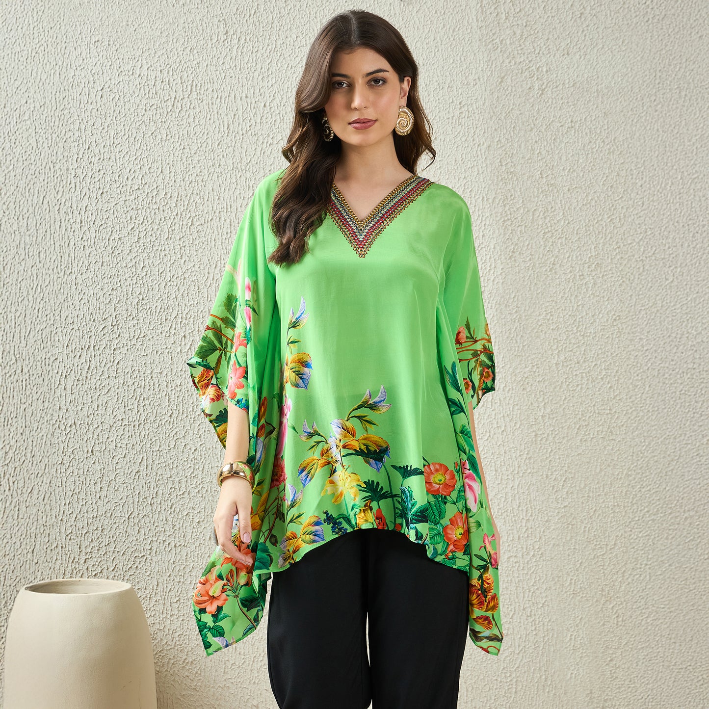 Light Green Embellished Floral Kaftan Top
