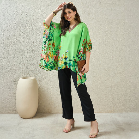 Light Green Embellished Floral Kaftan Top