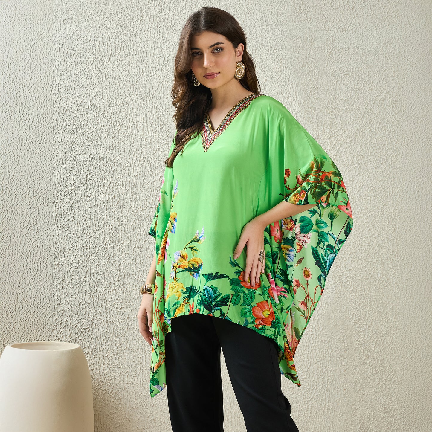 Light Green Embellished Floral Kaftan Top