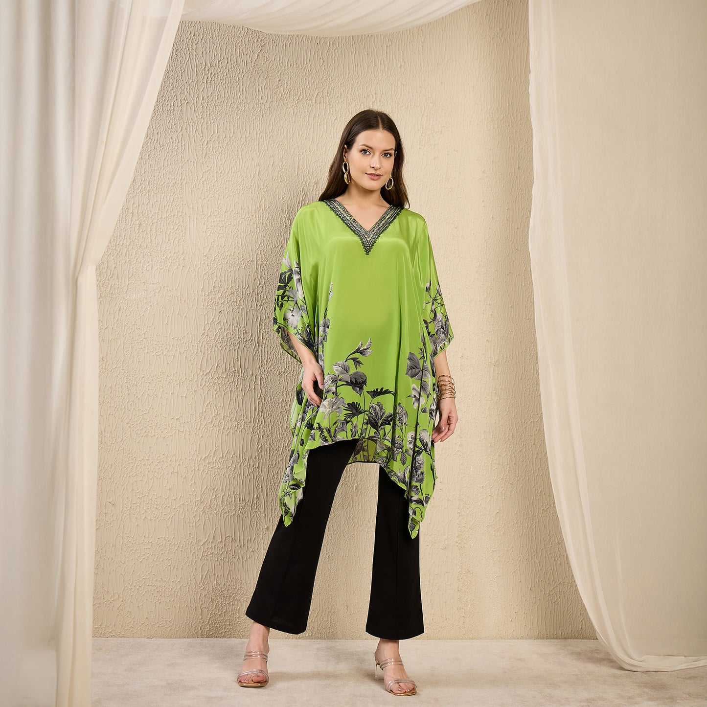 Lime Embellished Floral Kaftan Top