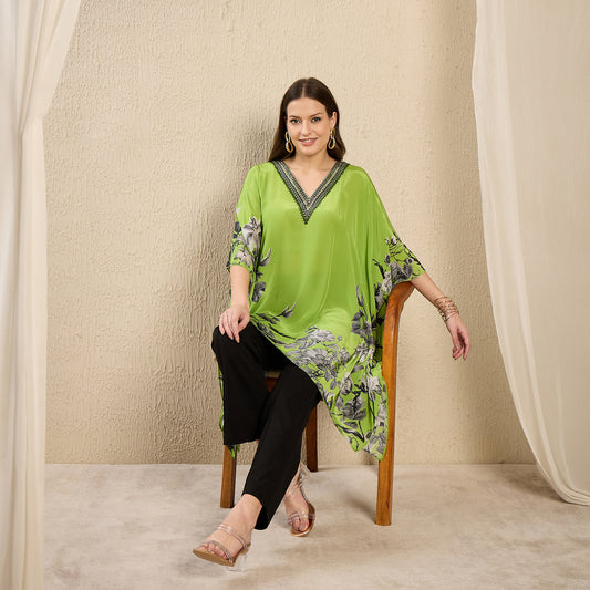 Lime Embellished Floral Kaftan Top