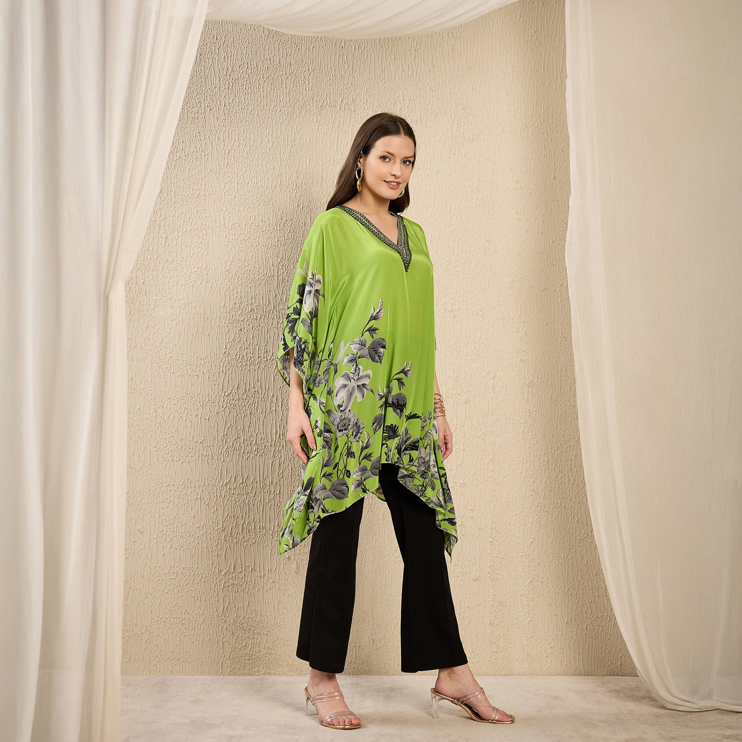 Lime Embellished Floral Kaftan Top