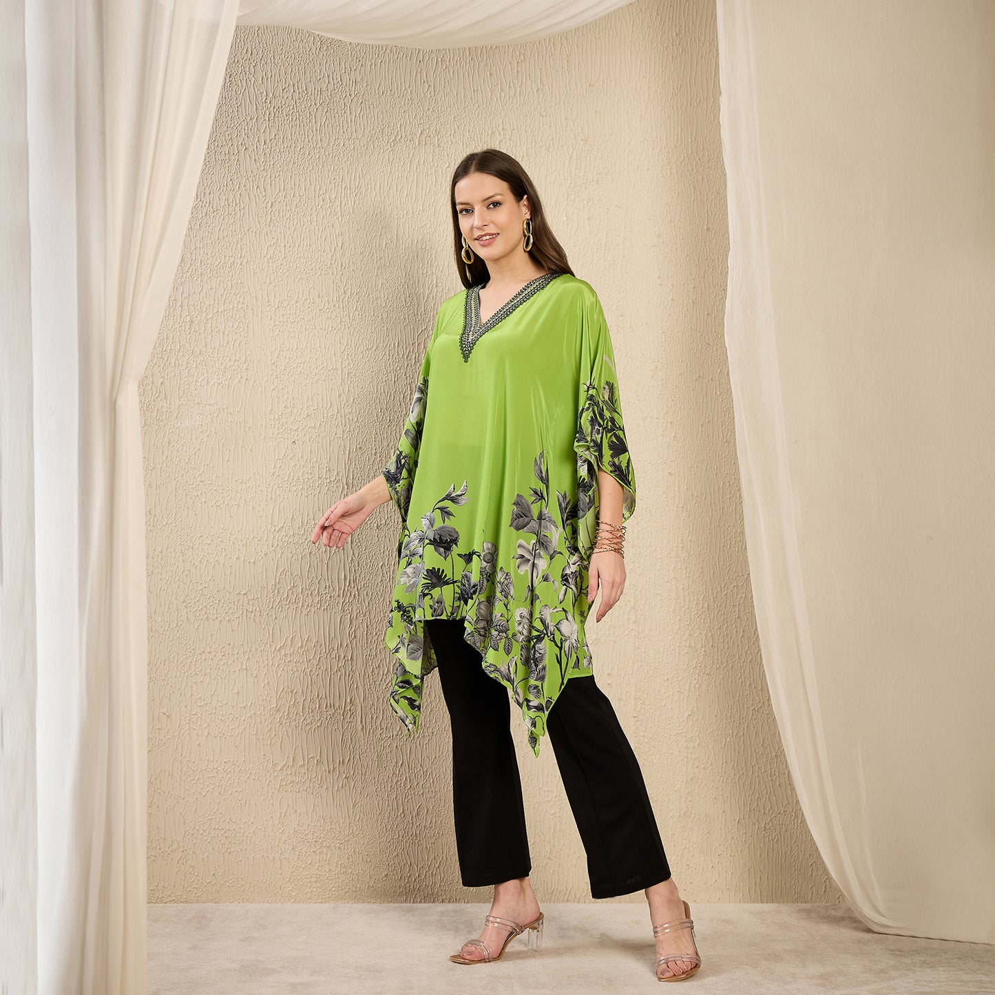 Lime Embellished Floral Kaftan Top