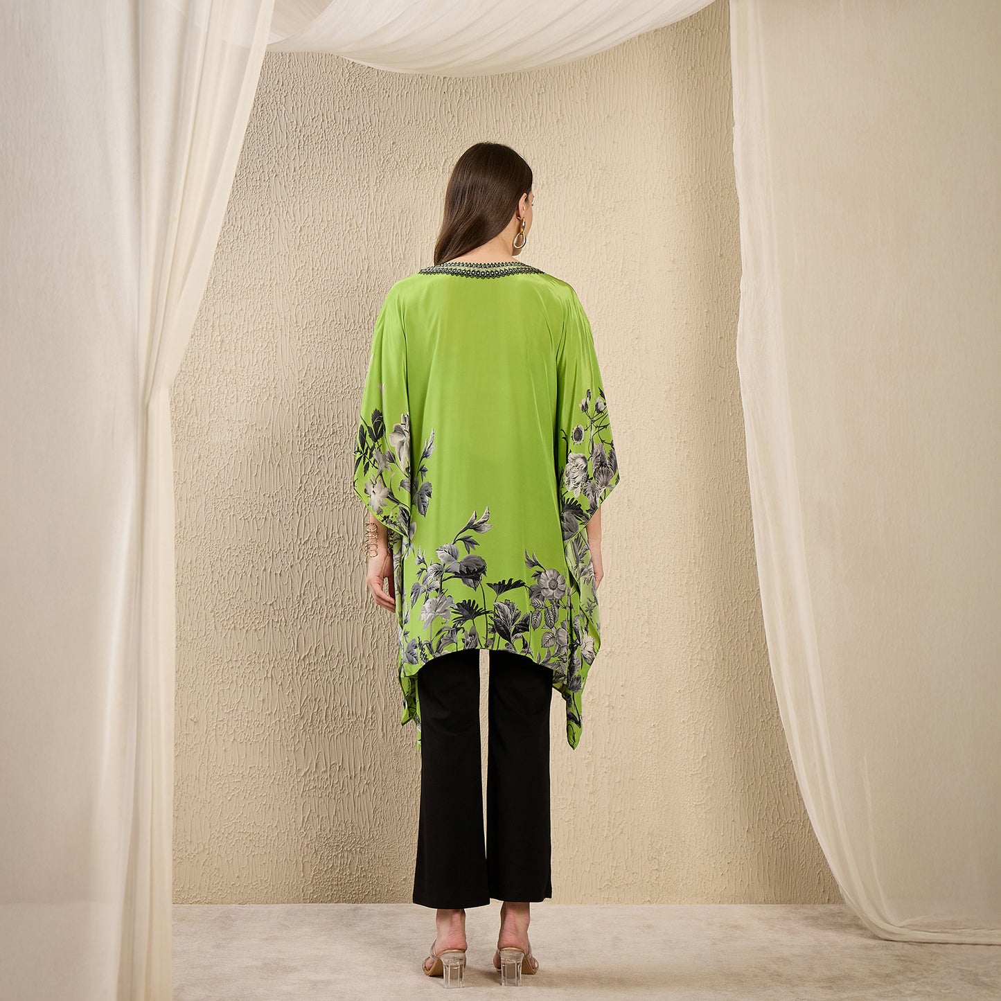Lime Embellished Floral Kaftan Top