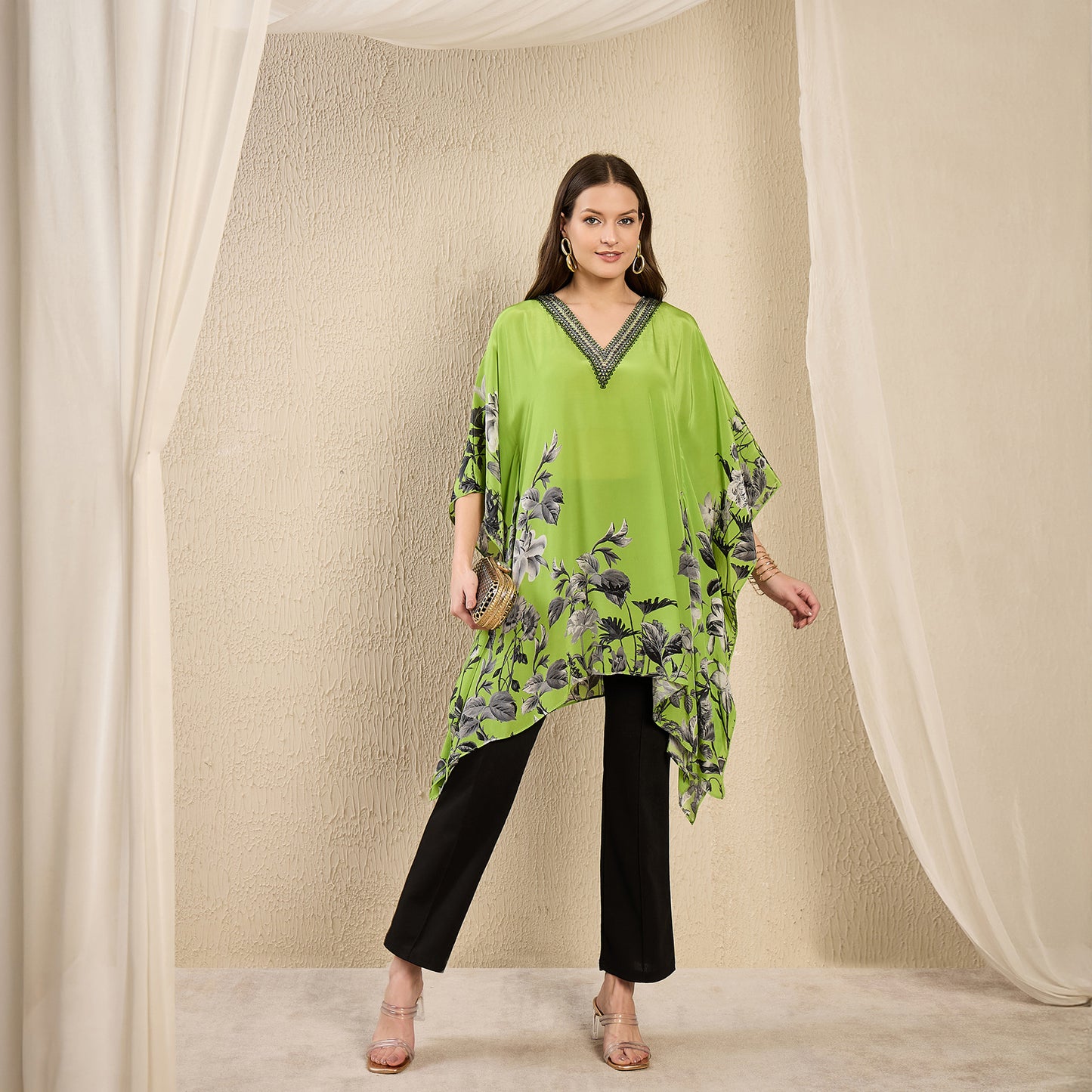 Lime Embellished Floral Kaftan Top