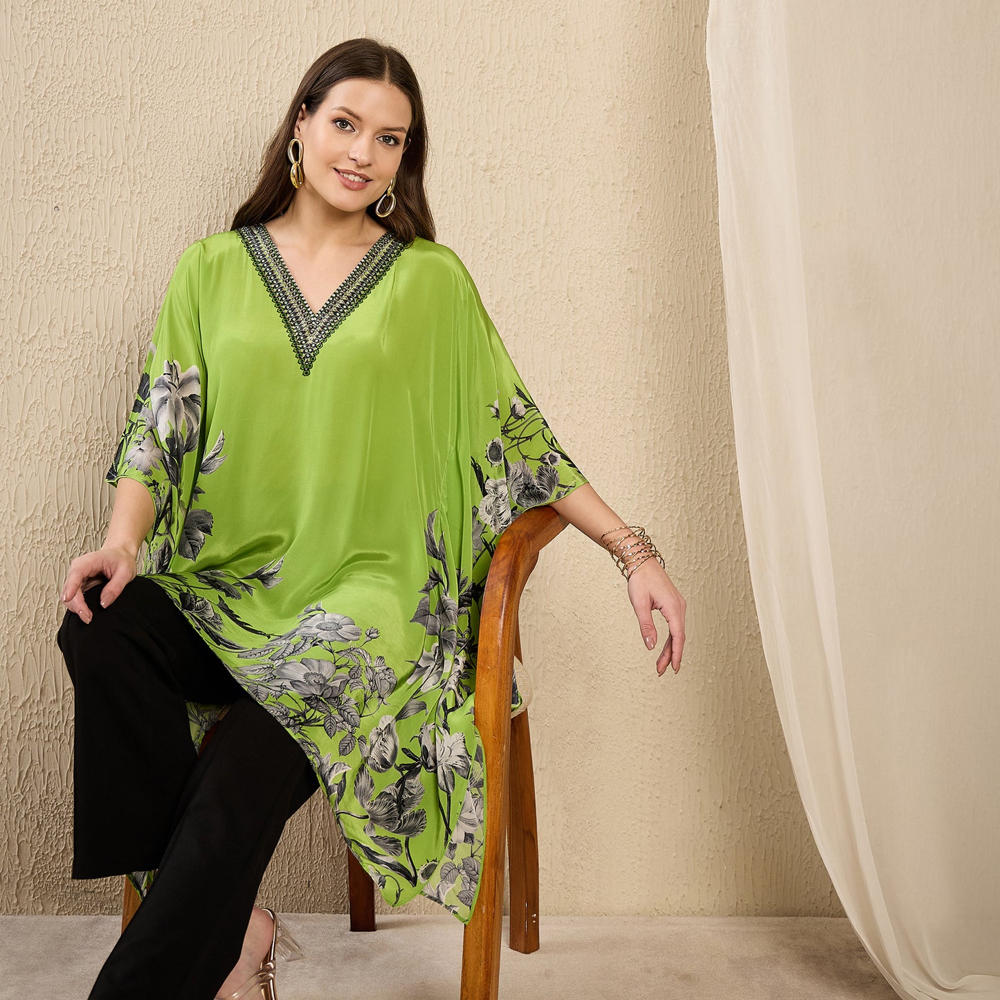 Lime Embellished Floral Kaftan Top