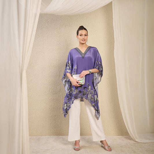 Light Purple Embellished Floral Kaftan Top