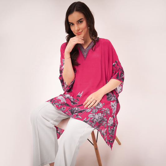 Maroon Embellished Floral Kaftan Top