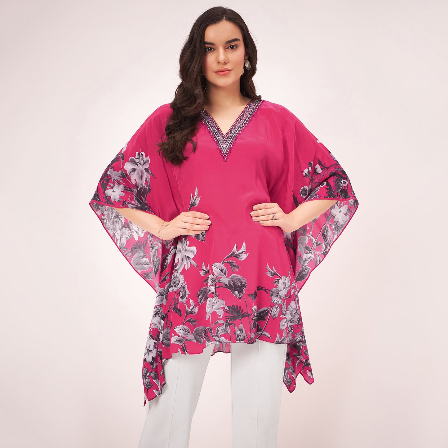 Maroon Embellished Floral Kaftan Top