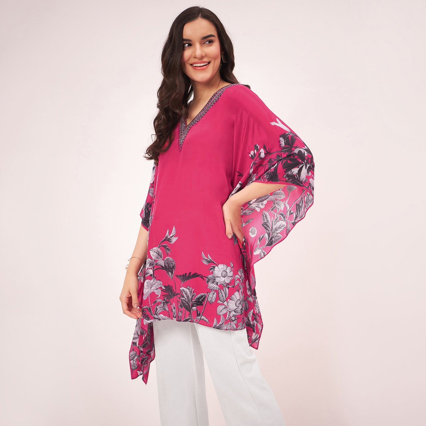 Maroon Embellished Floral Kaftan Top