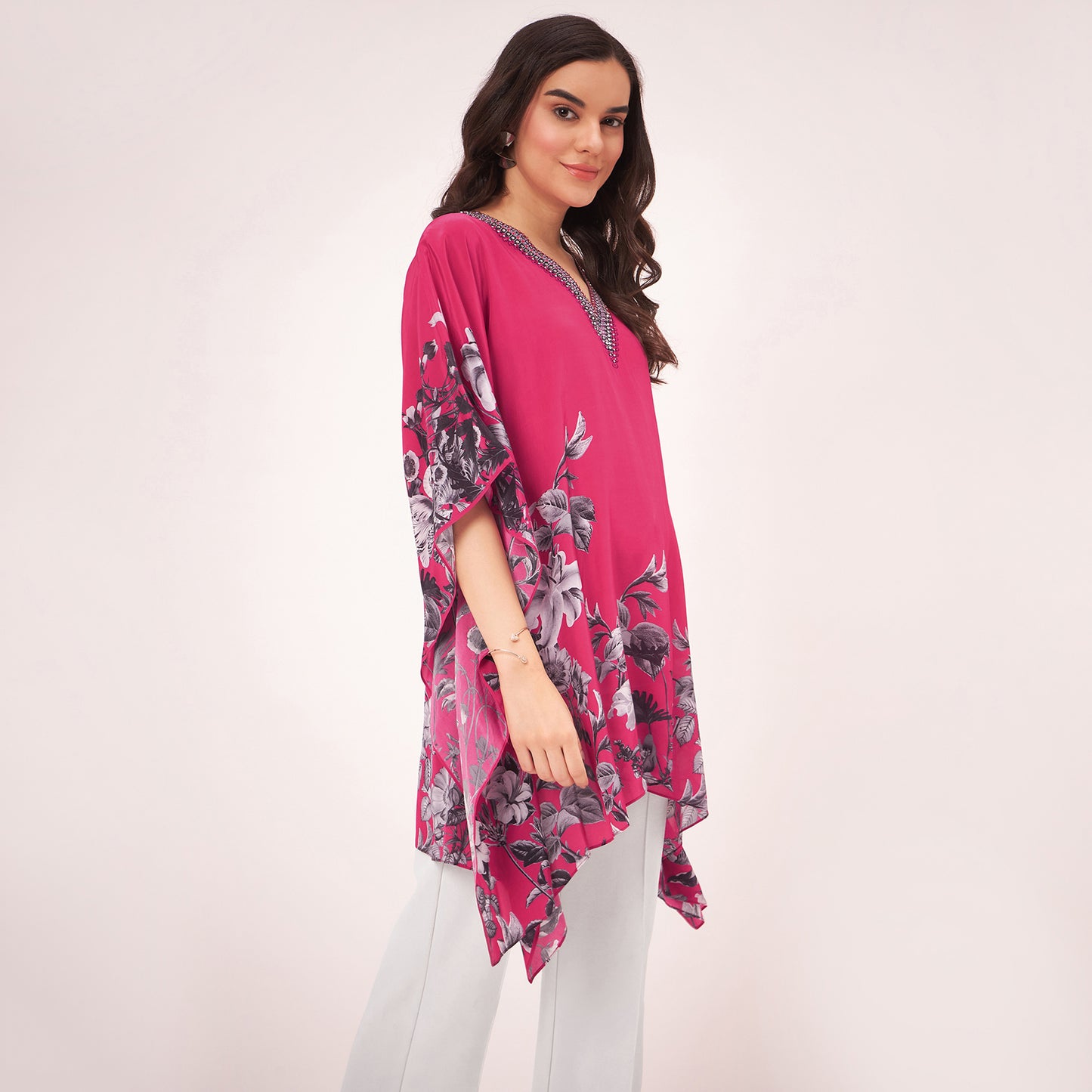 Maroon Embellished Floral Kaftan Top