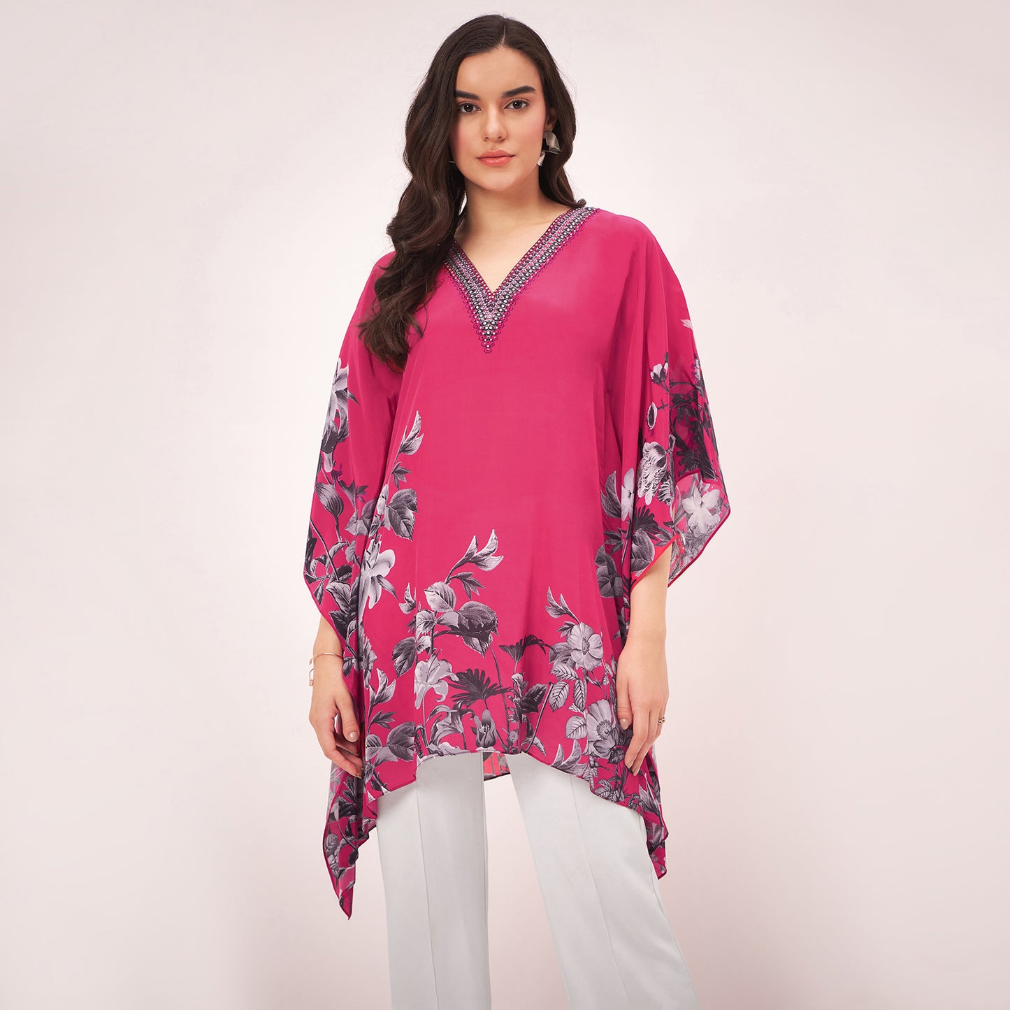 Maroon Embellished Floral Kaftan Top