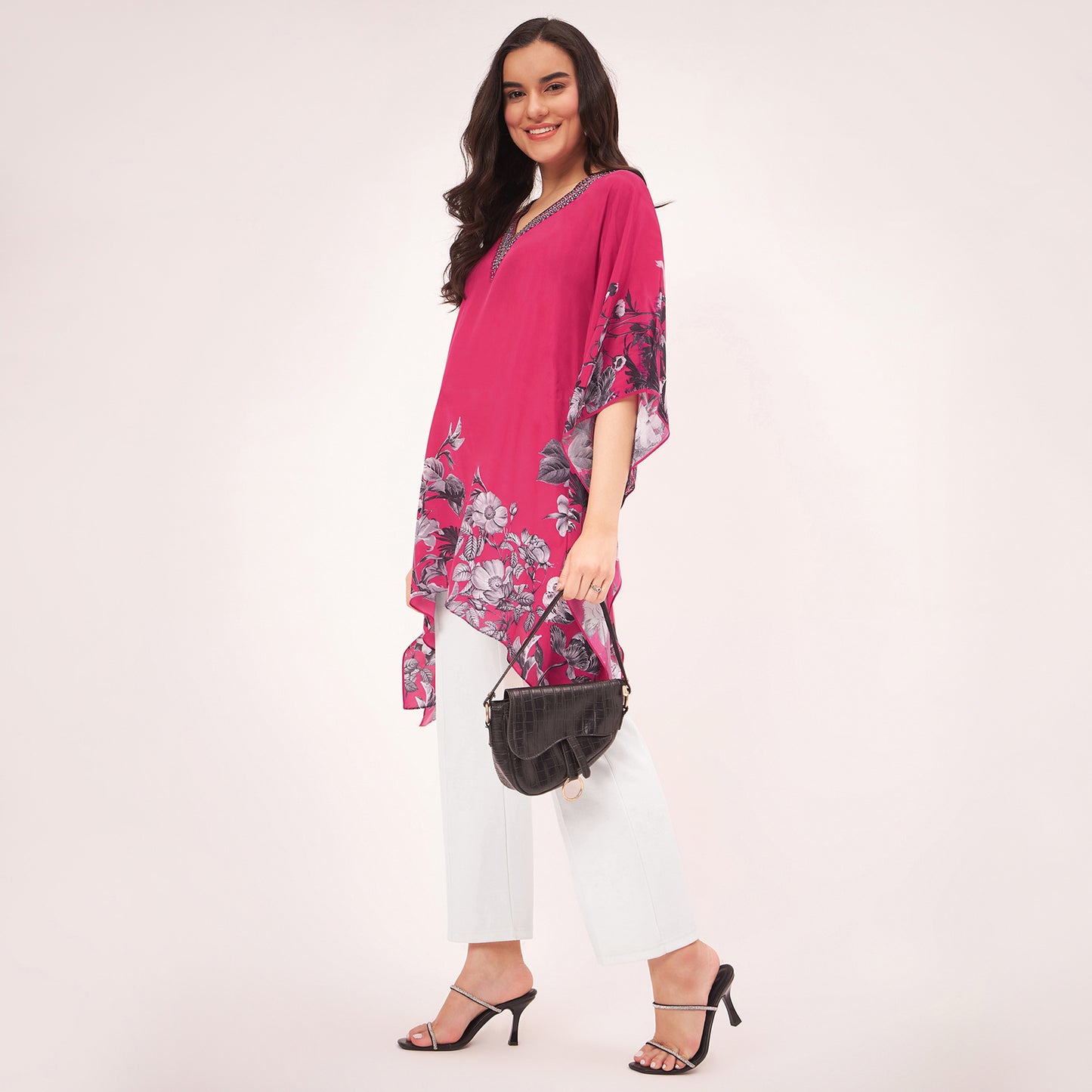 Maroon Embellished Floral Kaftan Top