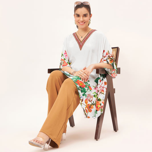 Multicoloured Embellished Floral Kaftan Top