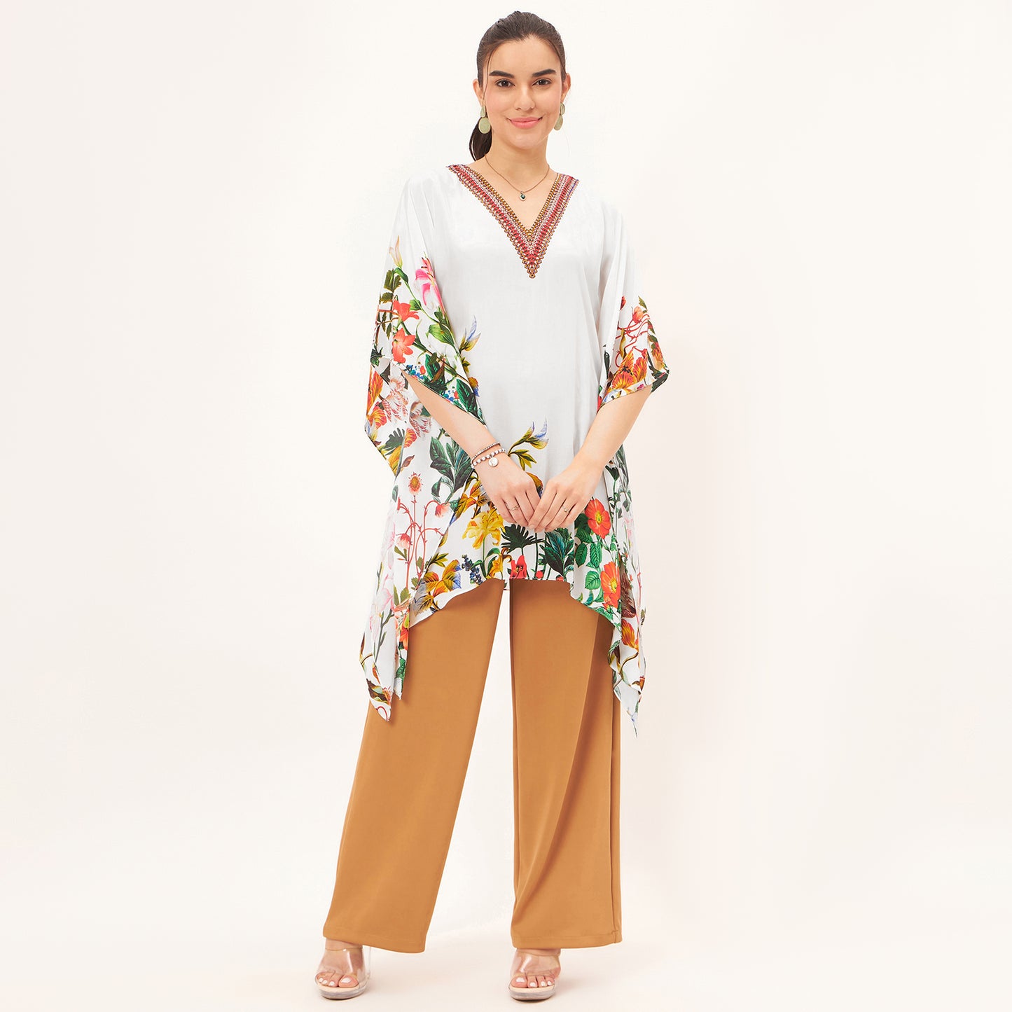 Multicoloured Embellished Floral Kaftan Top