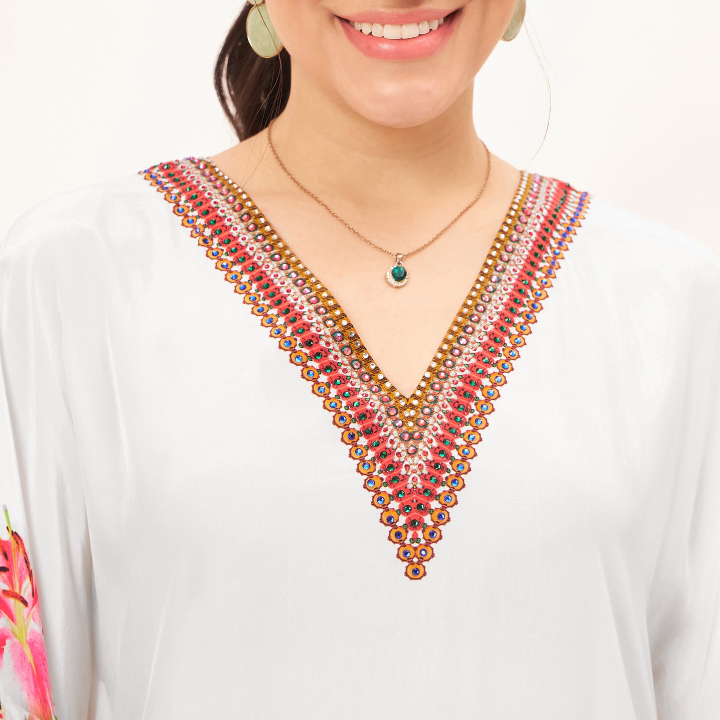 Multicoloured Embellished Floral Kaftan Top