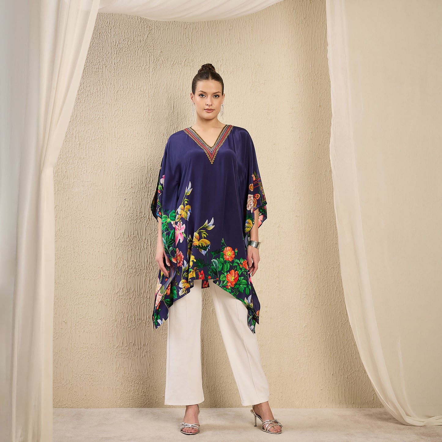 Navy Blue Embellished Floral Kaftan Top