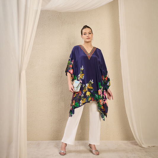 Navy Blue Embellished Floral Kaftan Top