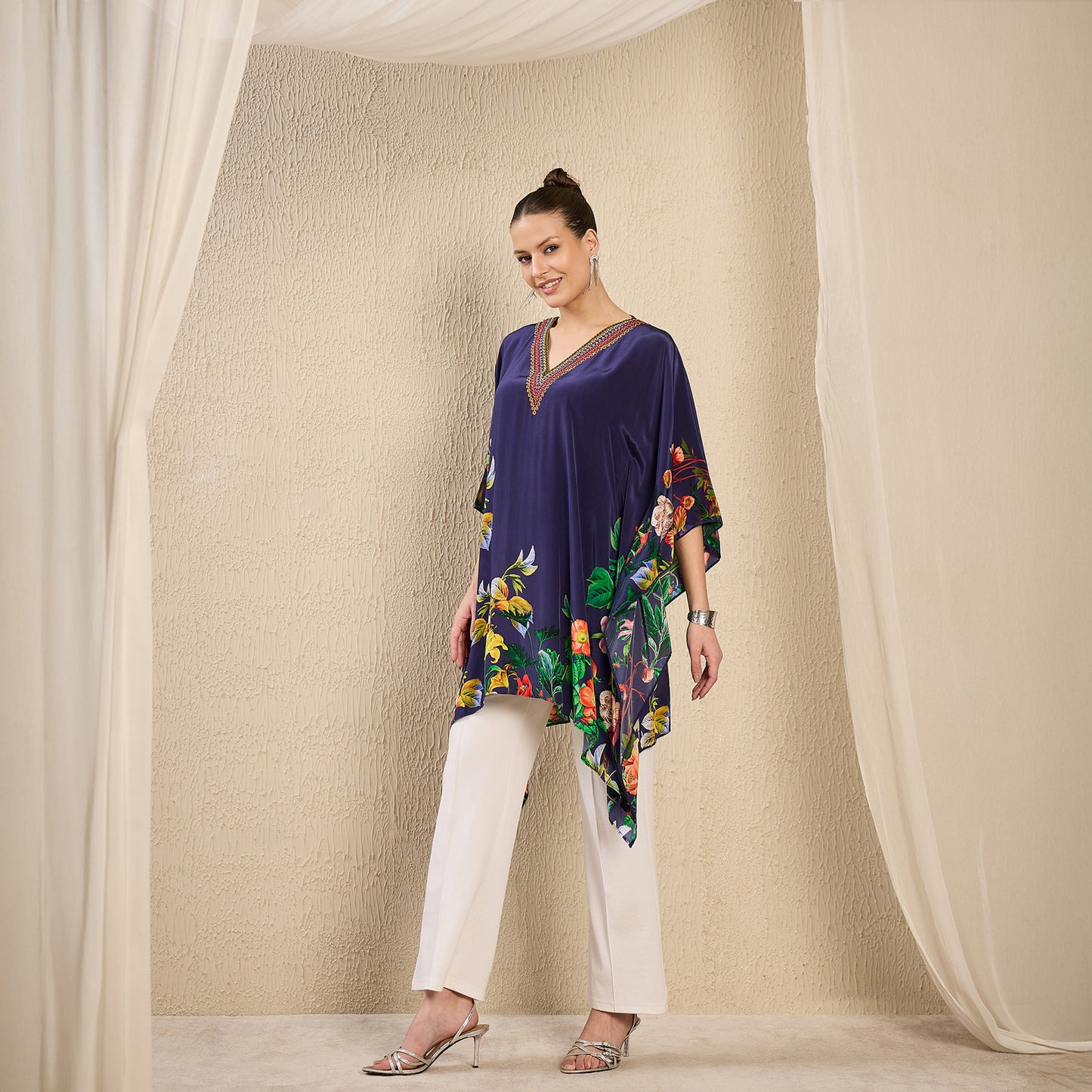 Navy Blue Embellished Floral Kaftan Top