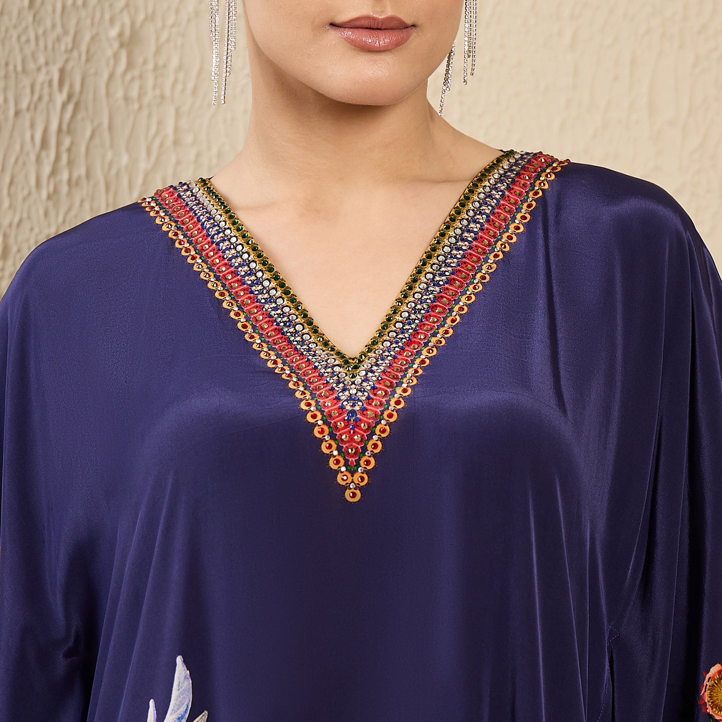 Navy Blue Embellished Floral Kaftan Top