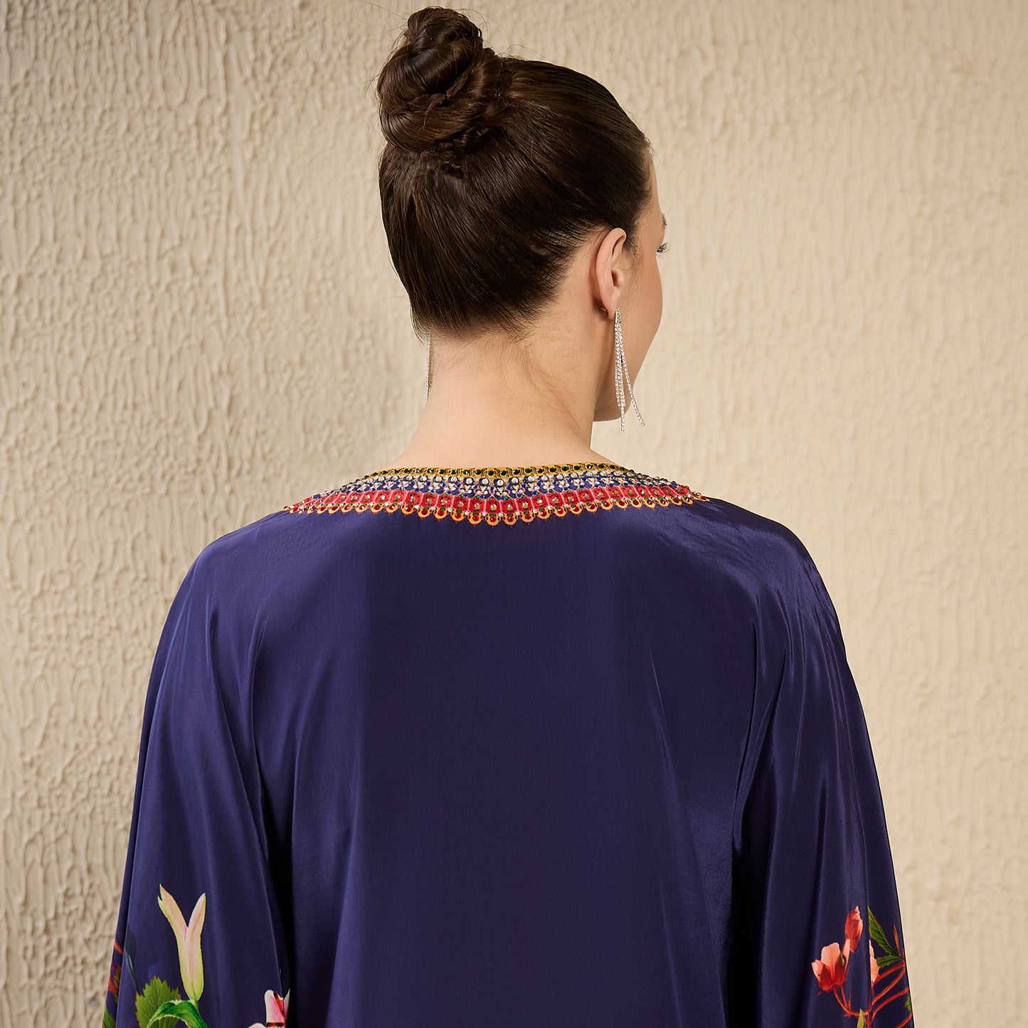 Navy Blue Embellished Floral Kaftan Top