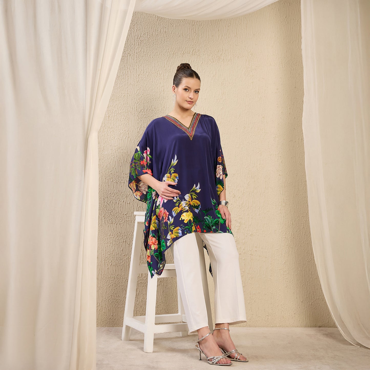 Navy Blue Embellished Floral Kaftan Top