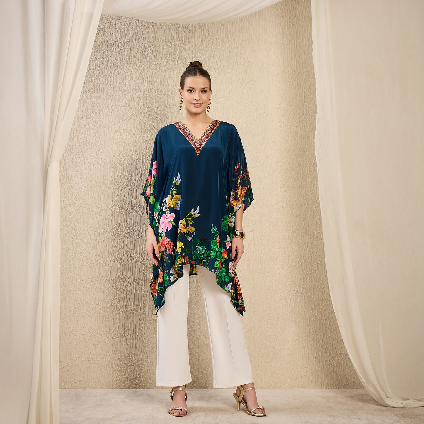 Navy Teal Embellished Floral Kaftan Top