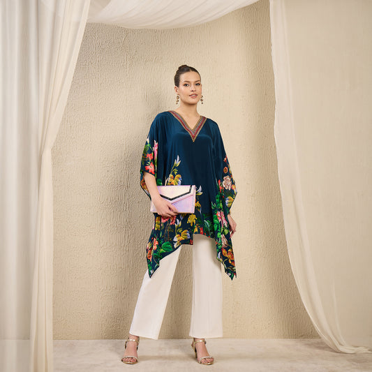 Navy Teal Embellished Floral Kaftan Top