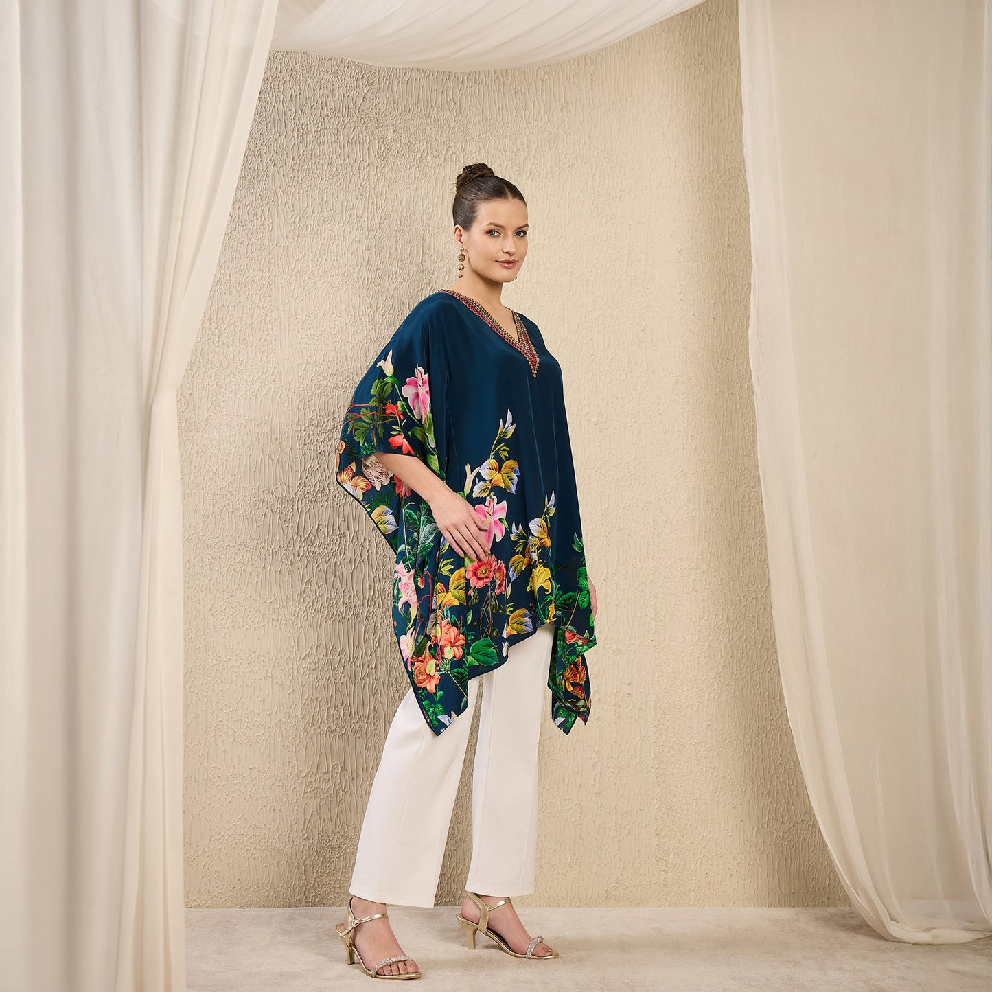 Navy Teal Embellished Floral Kaftan Top