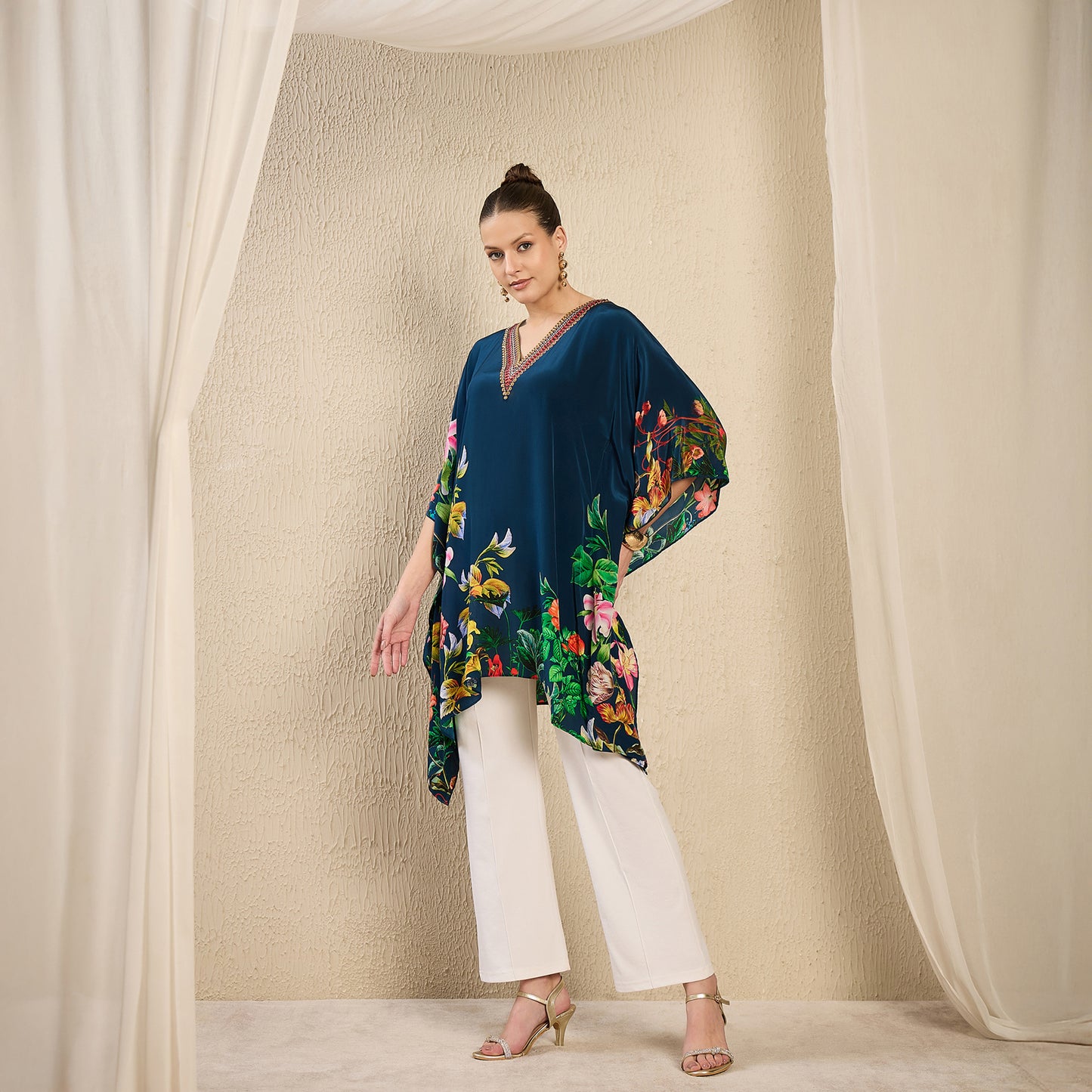 Navy Teal Embellished Floral Kaftan Top