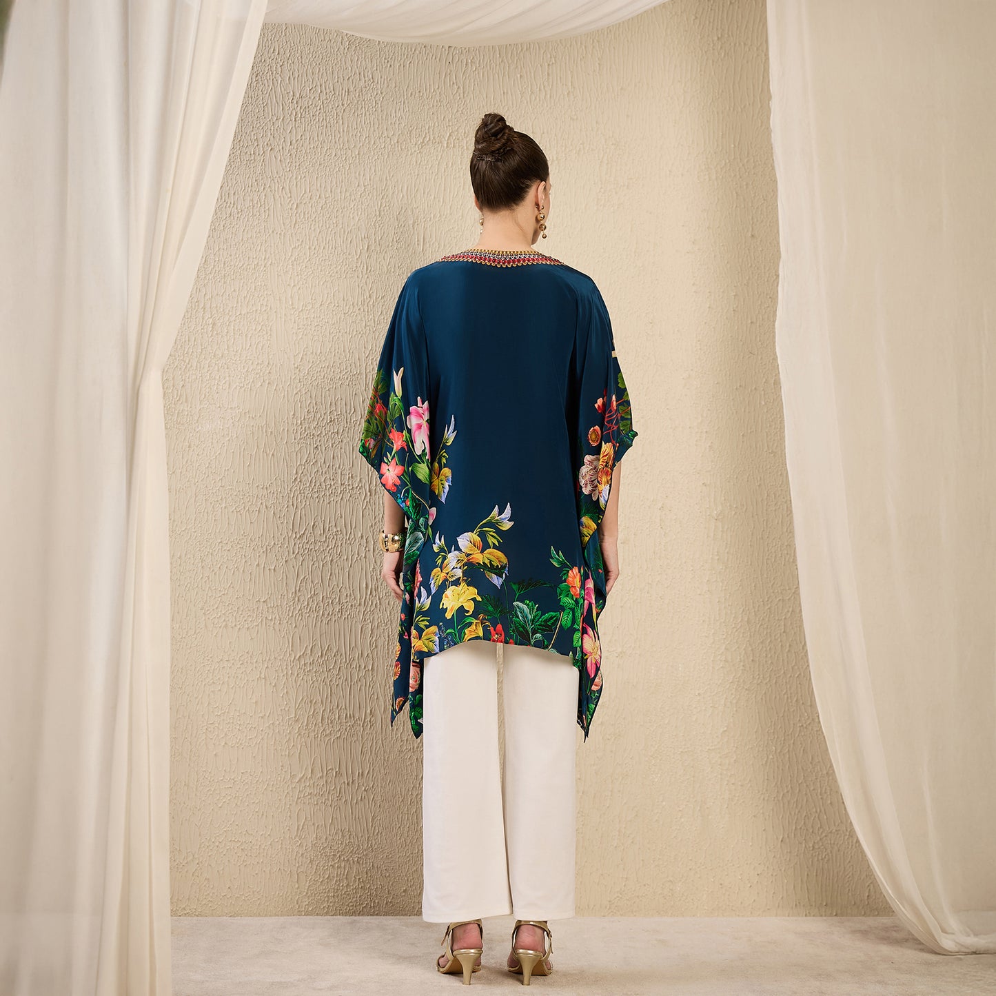 Navy Teal Embellished Floral Kaftan Top