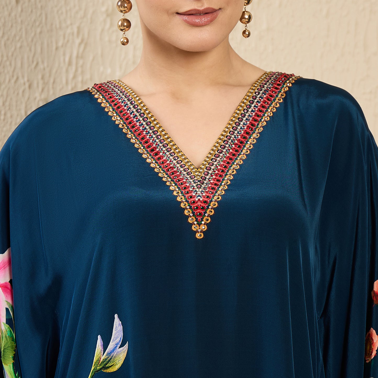 Navy Teal Embellished Floral Kaftan Top