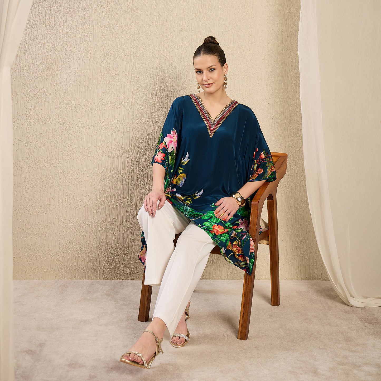 Navy Teal Embellished Floral Kaftan Top